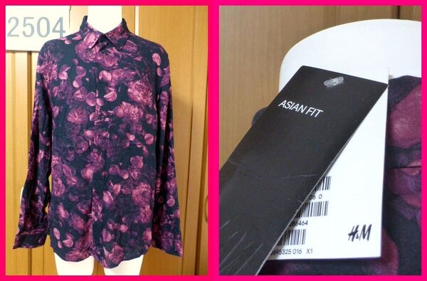 送料無料【新品】H&M・長袖シャツS/L 175cmメンズL 黒/紫の花柄 テロっとした柔らか ビスコース素材がステキ! タグ/下げ札付き