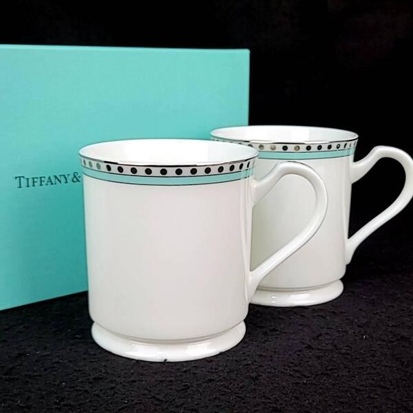 ●未使用◇ティファニー Tiffany&Co. プラチナブルーバンド マグカップ 2客 ペア 箱つき