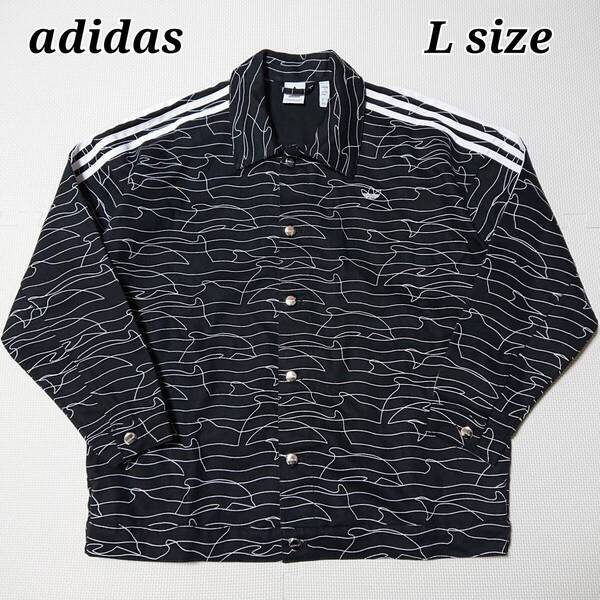 ■レア 希少 adidas Originals アディダスオリジナルス ジャケット ジャンパー ライトアウター 上着 イルカ柄 総柄 ロゴ刺繍 三本線 黒白 L