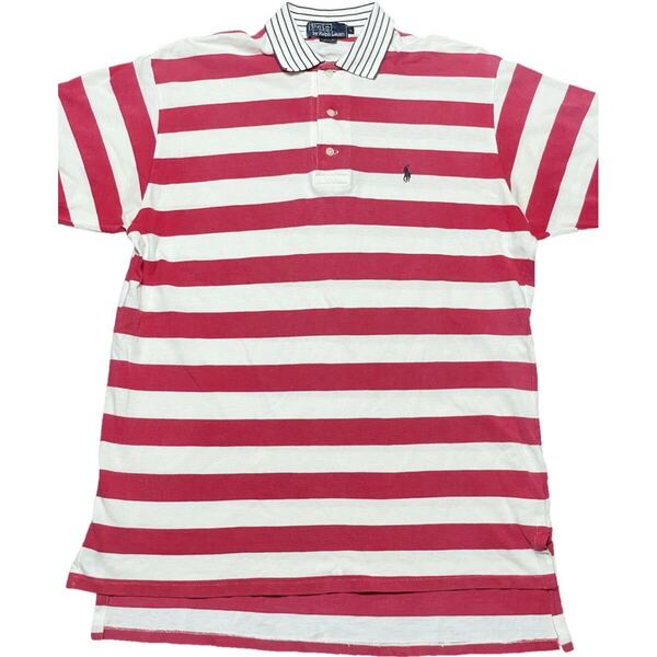 MADE IN USA製 Polo by Ralph Lauren ボーダー柄半袖鹿の子ポロシャツ レッド×ホワイト Lサイズ ポロ ラルフローレン アメリカ製 米国製