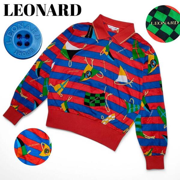 『美品』 LEONARD SPORT レオナール ボーダー フラッグ柄 マルチカラー ポロシャツ レディース Mサイズ