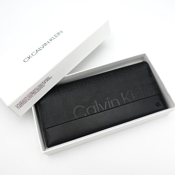 未使用 CK CALVIN KLEIN シーケーカルバンクライン 二つ折り長財布 メンズ レディース ブラック レザー