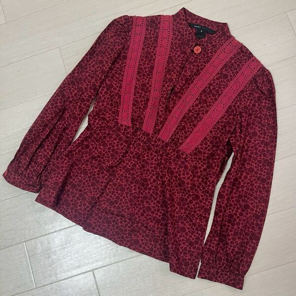 MARCJACOBS マークジェイコブス レディース シャツ 個性派 花柄 赤 レース レオパード 長袖 カットソー 臙脂色 ワインレッド 7320FH