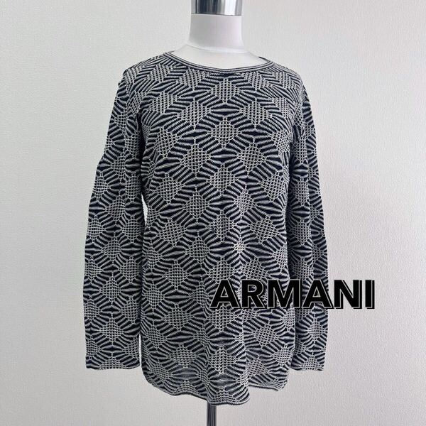 ARMANI アルマーニ レディース メンズ 長袖 イタリア製 カットソー ゆったり コットン トップス 総柄 ホワイト ネイビー 7320FH