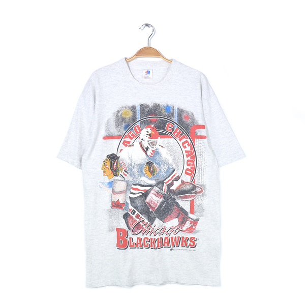 【送料無料】90s NHL シカゴブラックホークス カナダ製 ヴィンテージTシャツ ホッケー インディアン グレー 袖裾シングル メンズXL @BZ0363