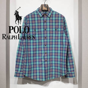 L / 90s POLO by RALPH LAUREN ラルフローレン チェック ワークシャツ 猫目ボタン 緑 紺 オレンジ トリプルステッチ ポケット 小襟 古着