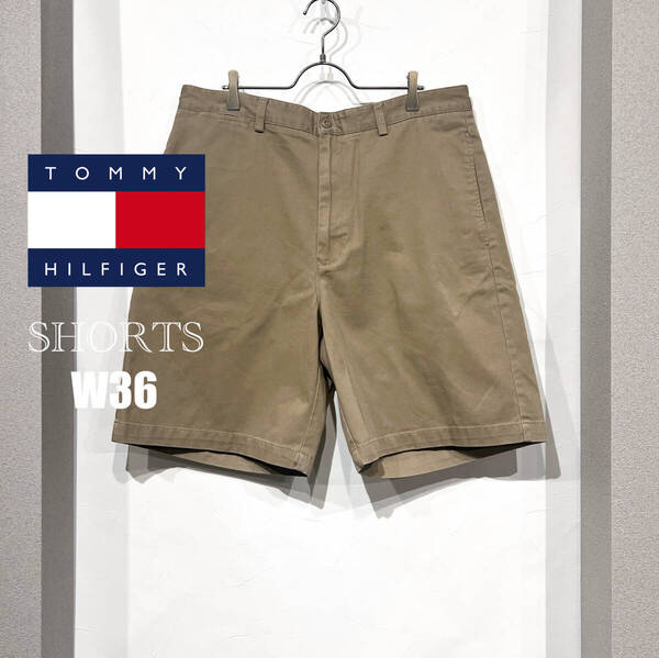 W36 / 00s TOMMY HILFIGER トミーヒルフィガー コットン チノ ショーツ ハーフパンツ ワイド ブラウン ベージュ ノータック Y2K 古着