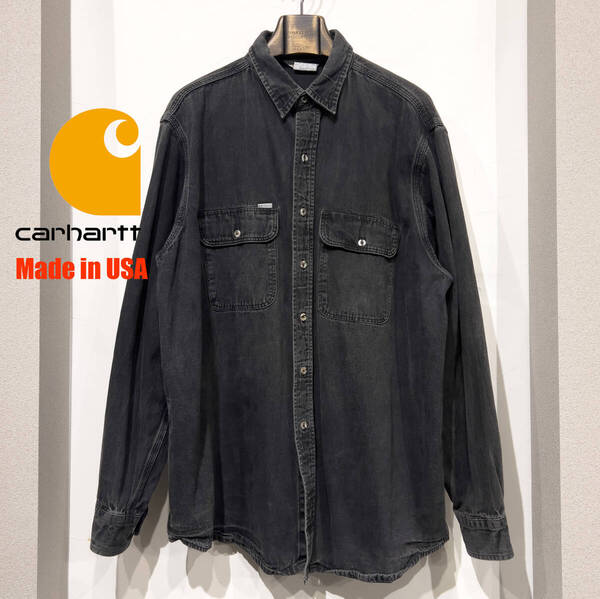 【USA製】2XL / 90s CARHARTT カーハート ブラック デニム ワーク シャツ フェード サルファ 後染め 古着 アメリカ製 希少