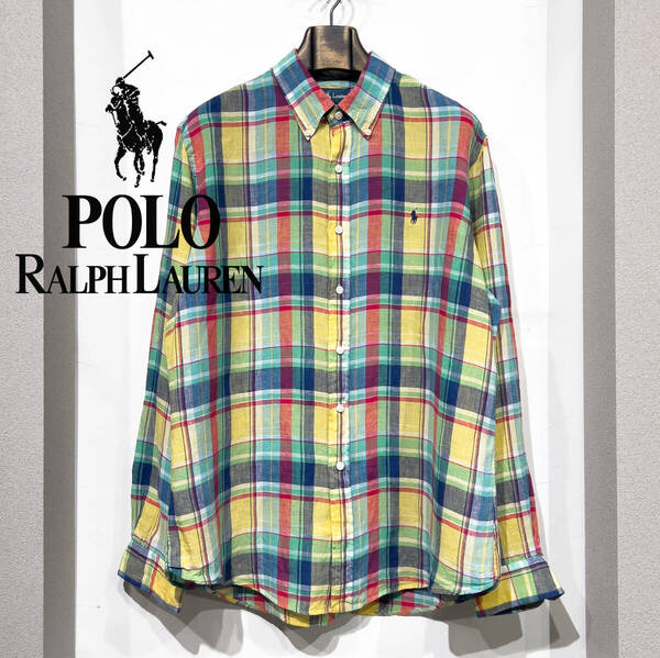 XL / POLO RALPH LAUREN カスタムフィット ラルフローレン マドラスチェック リネン 長袖 シャツ 黄色 青 赤 古着 プレッピー アメトラ