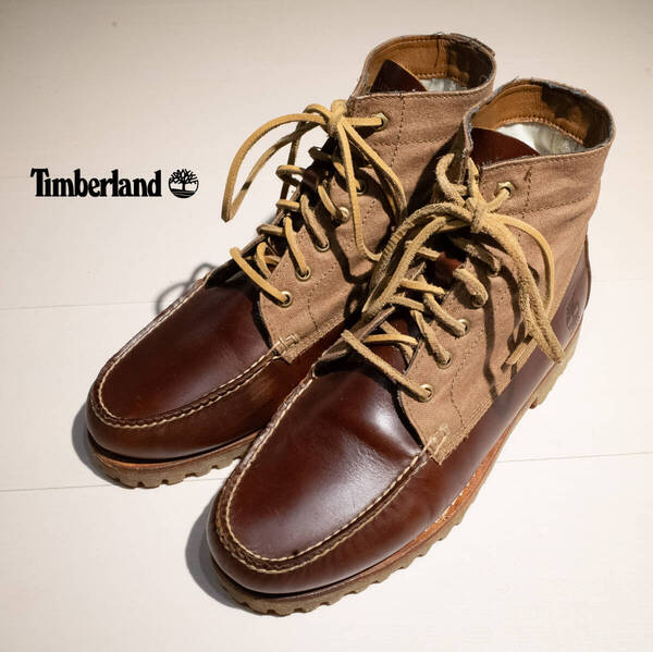 10 W (28cm)/ Timberland ティンバーランド オーセンティック レザー チャッカー ブーツ キャンバス コンビ モカシン ブラウン 茶 古着