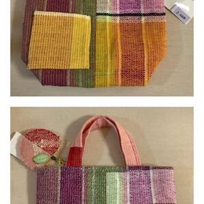 【新作品・手織り】ハンドメイド トートバッグ homespun handcrafted マルチカラー 両面チャーム付き