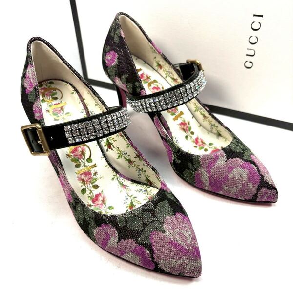 GUCCI グッチ パンプス ビジュー フラワー 花柄 36 23.0cm レディース 即決