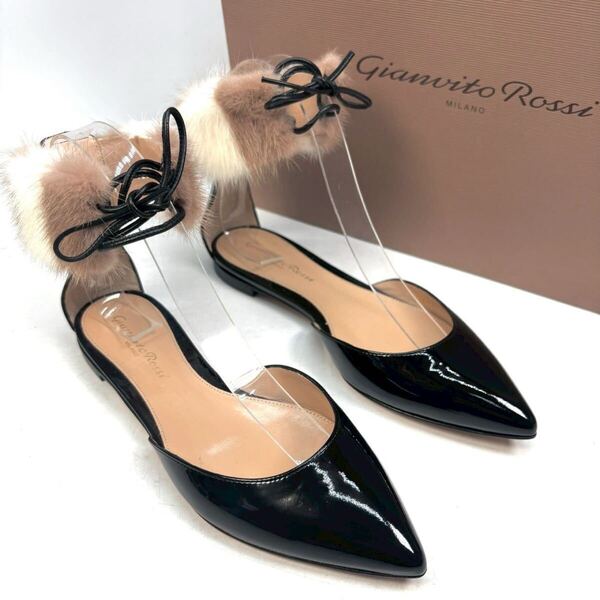 Gianvito Rossi ジャンヴィトロッシ フラットシューズ ファー 34 1/2 22〜22.5cm レディース 靴 シューズ ブラック 黒