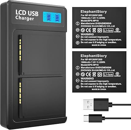 2個セットNP-W126/NP-W126S バッテリー 大容量1600mAh バッテリー LCD付き充電器 キット Type-c USB 充電器セット 【PSE基準検品】0404