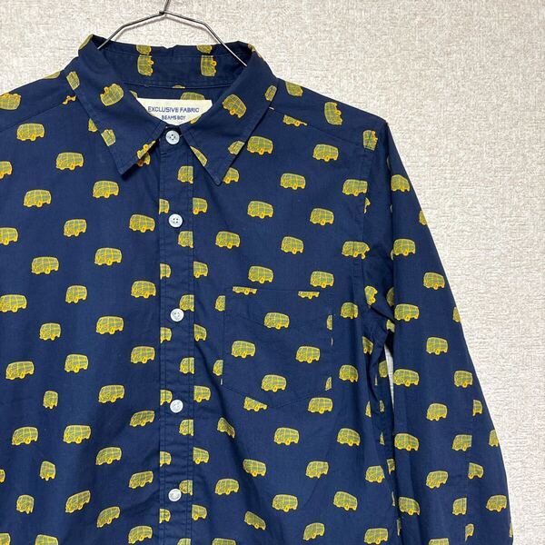 【状態◎】 BEAMS BOY ビームス ボーイ【ワーゲンバス柄 】総柄 柄シャツ 長袖シャツ ネイビー レディースSサイズ相当