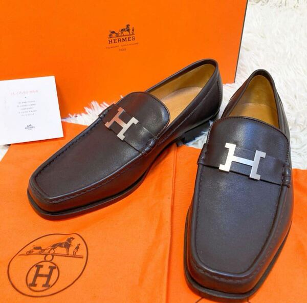 最終値下げ! 極美品 エルメス HERMES ローファー 革靴 ビジネスシューズ モカシン コンスタンス Hロゴ 金具 ダークブラウン 茶 レザー 革