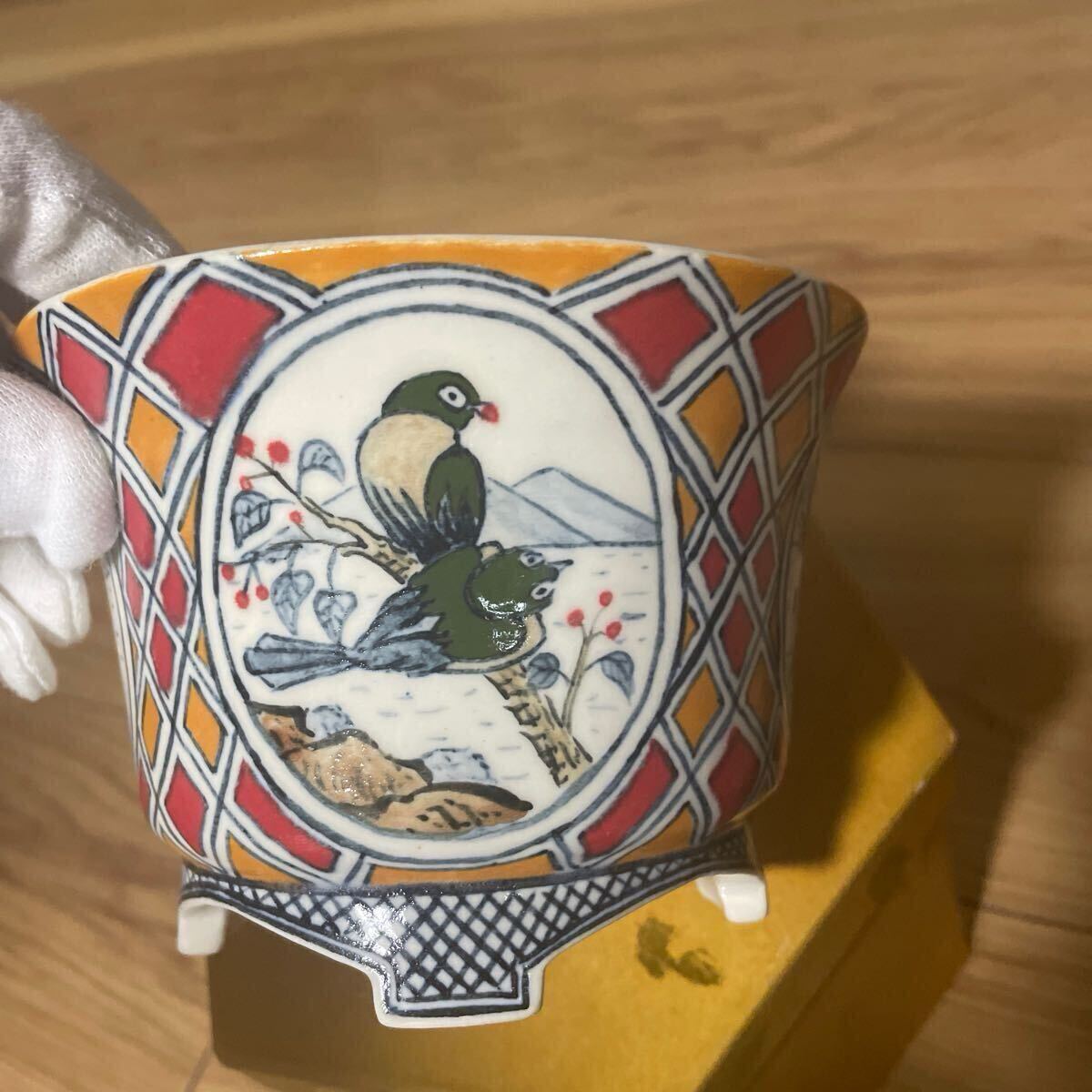 盆栽鉢　桑津香石　絵鉢　四角　松　鳥　赤絵　小品盆栽 盆栽鉢 桑津香石 絵鉢 四角 松 鳥 赤絵 小品盆栽