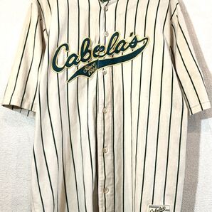 CABELA'S!90's-2000'sVINTAGE!ベースボールシャツ!ロゴデザイン!ストライプ!ビッグシルエット USA カベラス ビンテージ ベージュ 肌緑