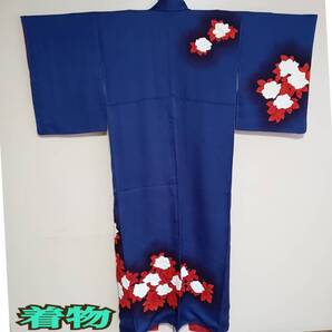 着物 ◆ 和服 和服 仕立て 正絹 身丈 約149.5cm ネイビーブルー系 白 赤 バラ柄 ◆ レディース きもの