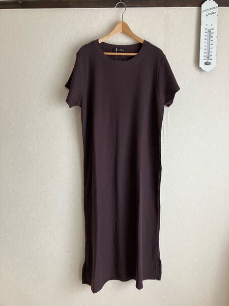 新品タグ付き★ワッフル布地★半袖★ロングワンピース★サイズL★茶系★シンプルで着回せる★匿名発送★送料込★ クルーネック