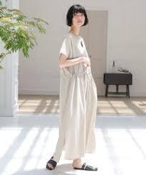 LAKOKE 半袖ワンピース リネン 無地 シンプル ゆったり 体型カバー 夏ワンピ ライトベージュ/S