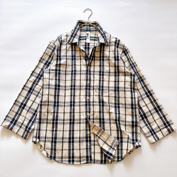MHL. エムエイチエル MARGARET HOWELL マーガレットハウエル リネン 麻 チェックシャツ 7部袖 ベージュ ネイビー M