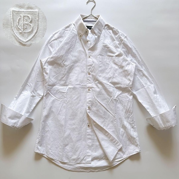 BLACK LABEL CRESTBRIDGE ブラックレーベルクレストブリッジ 定番 ロゴ刺繍 シャドーストライプシャツ 長袖 襟 ノバチェック ホワイト 39 L