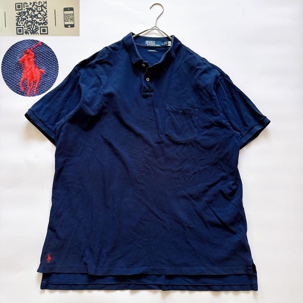 復刻現行QR POLO by RalphLauren ポロバイラルフローレン 裾ポニー THE BIG SHIRT ビッグシャツ 半袖ポロシャツ 鹿子 ネイビー 紺 L 刺繍