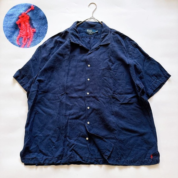 激レア POLO by RalphLauren ポロバイラルフローレン CALDWELL コールドウェル シルクリネン 裾ポニー オープンカラーシャツ 半袖 2XL 紺