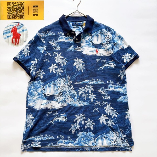 現行QR POLO RalphLauren ポロラルフローレン アロハ 半袖ポロシャツ CUSTOM SLIM FIT カスタムスリムフィット 鹿子 総柄 花 XL ポニー刺繍