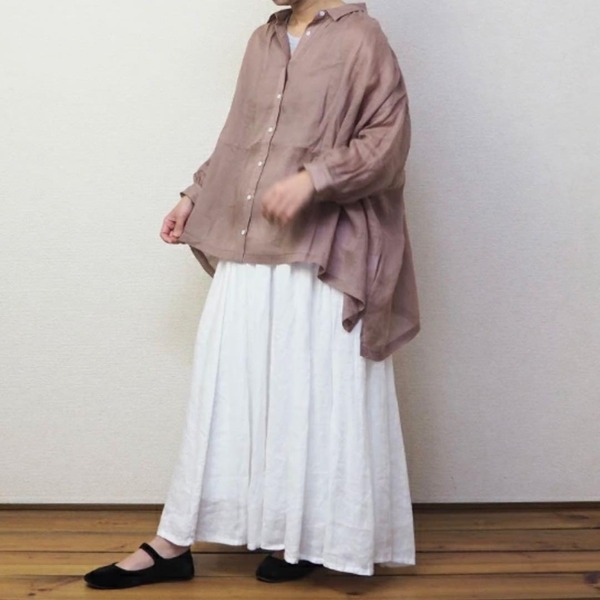 現行 新品 nachukara ナチュカラ ふわりとさわやかなシアーブラウス リネンギャザー リネン 麻100% シアーシャツ 長袖 ピンクベージュ