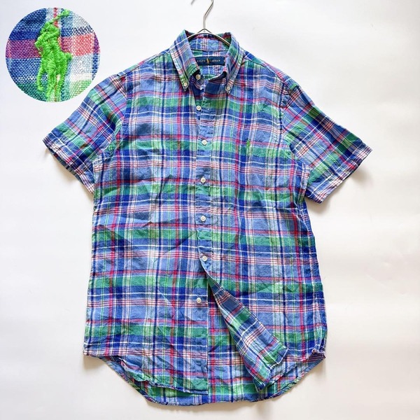 近年タグ Ralph Lauren ラルフローレン リネン 麻100% 半袖シャツ マドラスチェック 青×緑 RN41381 海外仕様 ポニー刺繍 ボタンダウン BD