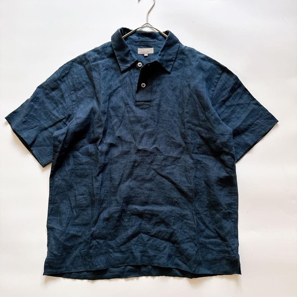20SS MARGARET HOWELL マーガレットハウエル SHIRTING LINEN シャーティングリネン 麻100% 半袖ポロシャツ プルオーバー ネイビー タック M