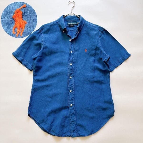 90s 激レア Ralph Lauren ラルフローレン シルクリネン 絹 麻 半袖シャツ CLASSIC FIT クラシックフィット M 青 ポニー刺繍 ボタンダウン
