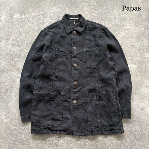 【Papas】MADE IN PAPAS BY PAPAS パパス リネンカバーオール ジャケット 90s 麻 ヴィンテージ メタルボタン インディゴ 染め ブラック