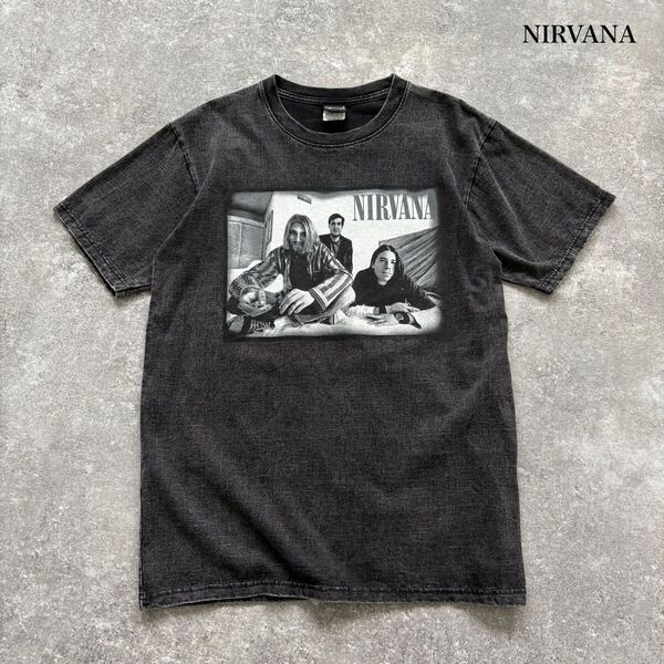 【against】NIRVANA ニルヴァーナ バンドtee 半袖Tシャツ バンドTシャツ ミュージック ヴィンテージウォッシュ加工 ブラック 黒 (L)