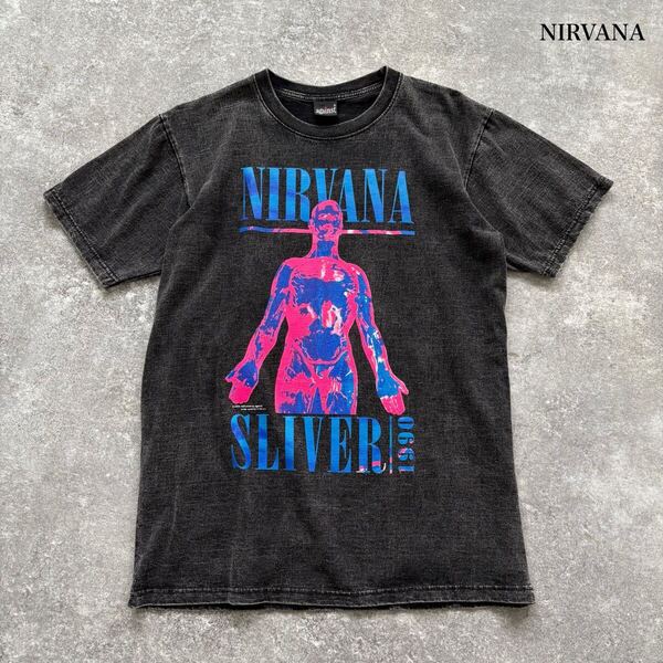 【against】NIRVANA ニルヴァーナ SLIVER スリヴァー バンドtee 半袖Tシャツ ヴィンテージ加工 ユーズド加工 ウォッシュ ブラック 黒 (L)