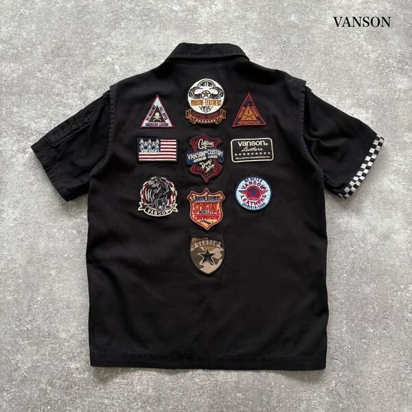 【VANSON】バンソン 半袖シャツ ワークシャツ ボタンダウンシャツ ワッペンフルデコ 刺繍 チェッカー袖 IDEALジッパータブ 猫目ボタン (L)