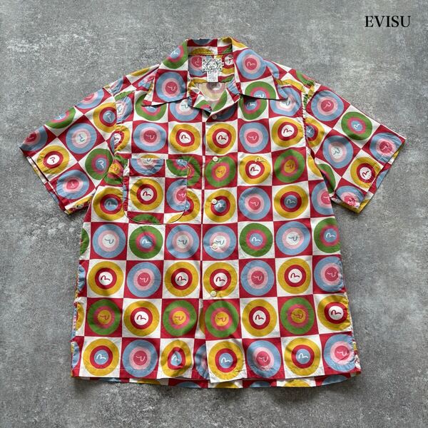 【EVISU】エヴィス 半袖シャツ オープンカラーシャツ ボタンダウンシャツ 開襟 カモメ総柄 ワンポイント刺繍 コットン 日本製 (42サイズ)
