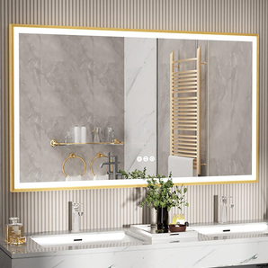 【飛散防止加工により、安全性が高く、破片の飛散を防ぐ】洗面鏡 100cm×60cm LEDライト付き 壁掛け式 ゴールドフレーム