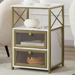 【軽量かつコンパクト、寝室やリビングなどに簡単に移動できる】サイドテーブル 幅40cm 北欧風 2段オープン棚 ゴールデン+ホワイト