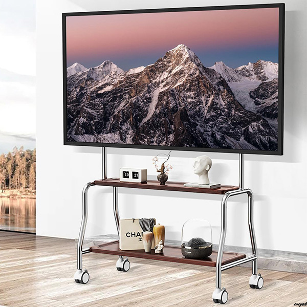 【高品質なステンレス製フレームと木製棚板】テレビスタンド 32~75インチ対応 キャスター付き 2段の木製棚板付き 省スペース