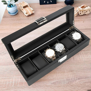 【高級感溢れるカーボンファイバーPU製】 6本用腕時計ケース保管 ディスプレイに最適 時計コレクションボックス 収納用品 おしゃれ