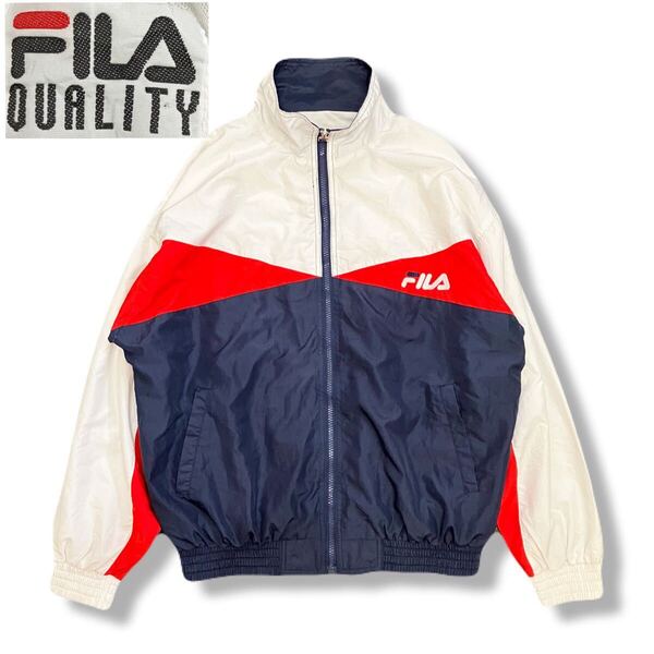 送料無料 90s FILA フィラ ヴィンテージ ナイロン ジャケット ロゴ刺繍 XL ウィンドブレーカー