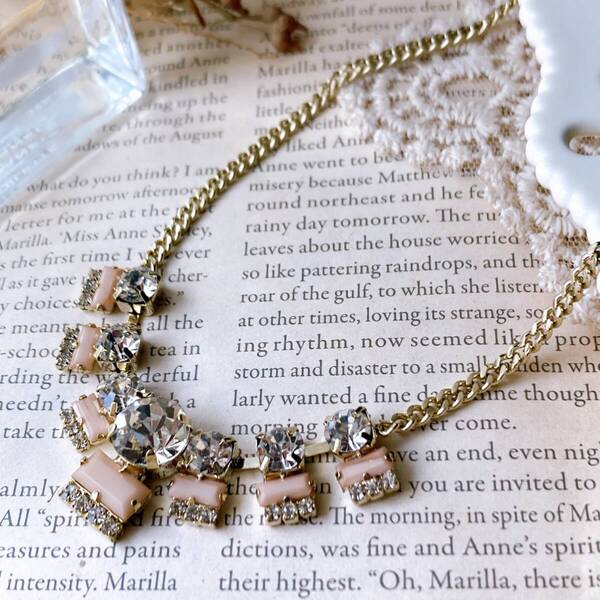 ネックレス ショート プリンセス ビジュー パーティー ドレスジュエリー ピンク ゴールド☆Vintage jewelry accessories R0384