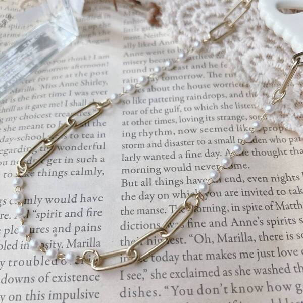 ネックレス ショート パールフラットチェーン コンビ 未使用品 ベビーパール ゴールド☆Vintage jewelry accessories R0392