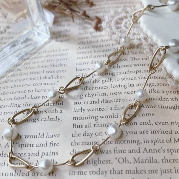 ネックレス ショート バロックパール チェーン コンビ ゴールド 未使用新品☆Vintage jewelry accessories R0393