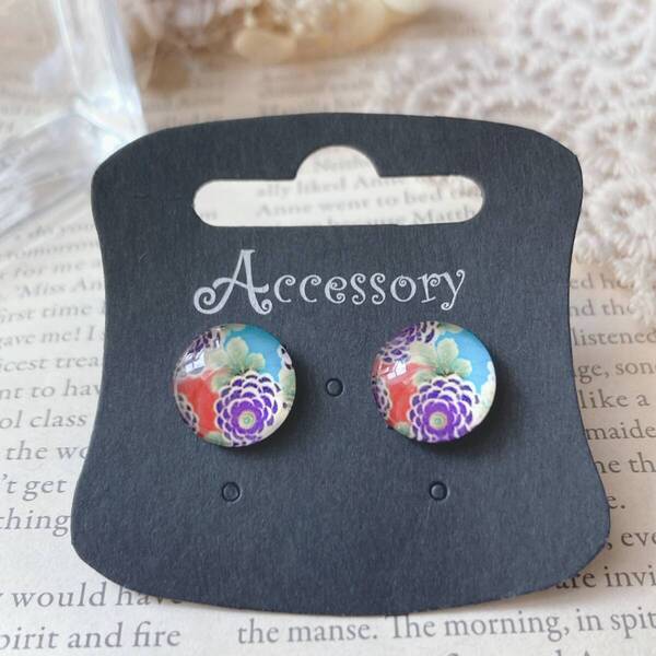 ピアス 和柄ガラスカボション 和装アクセサリー 和風 着物 浴衣 シルバー 花 夏祭り☆vintage jewelry accessoriesR0407