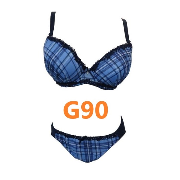 G90/3L・ネイビー ブラジャー&ショーツ チェック柄 グラマーサイズ 3/4モードドカップ 補正下着 大きいサイズ 新品