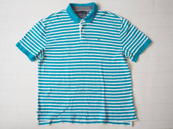 ☆送料無料☆ TOMMY HILFIGER トミーヒルフィガー USA直輸入 古着 ボーダー ロゴ ポロシャツ メンズ XXL グリーン系 トップス 中古